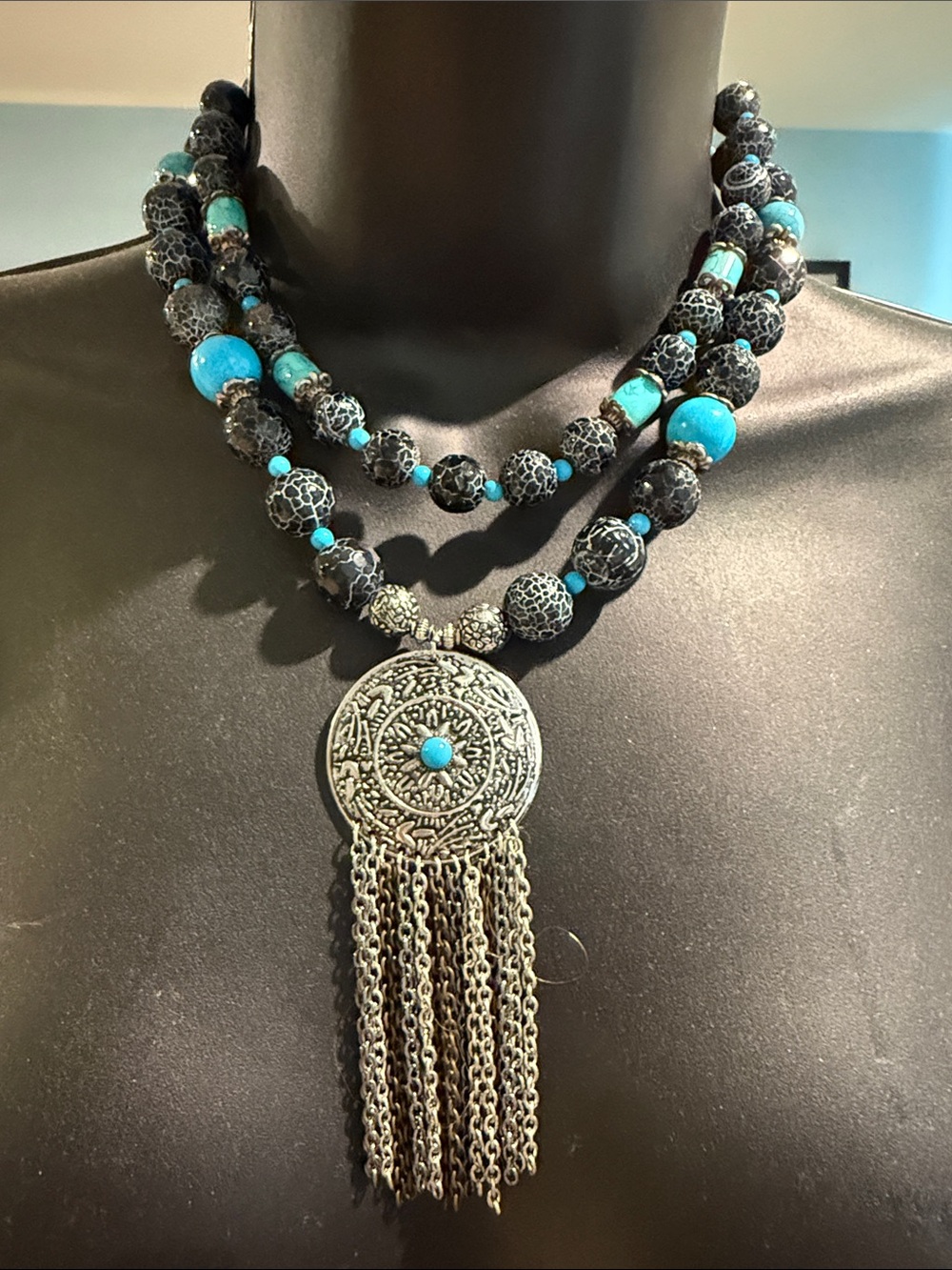 Gorgeous turquoise silver and black custom made necklace with toggle closure